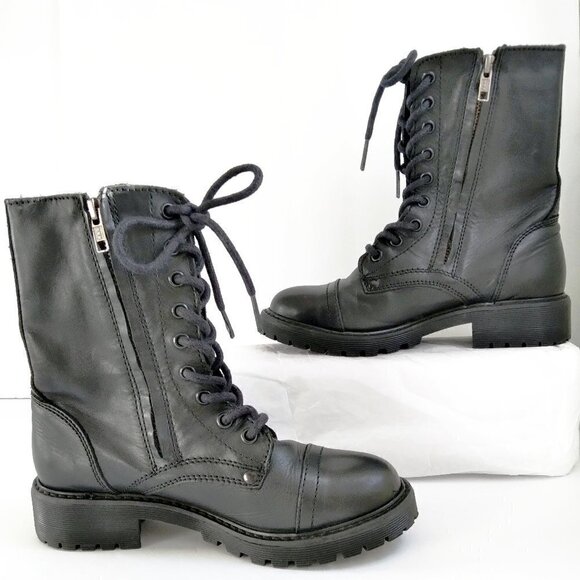 Black Leather Double Sided Zips/ Lace Up Combat Boots with Lugged Soles Sz 6.5 - Picture 4 of 11